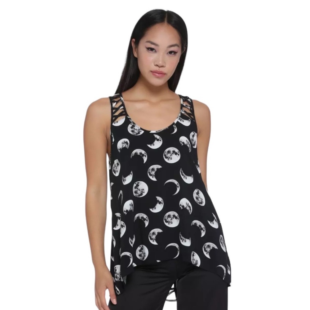 Hot Topic Moon Phases Crisscross Back Tank Top Black White Size Small - Picture 3 of 7